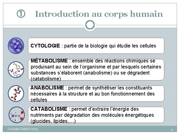 ① Introduction au corps humain CYTOLOGIE : partie de la biologie qui étudie les