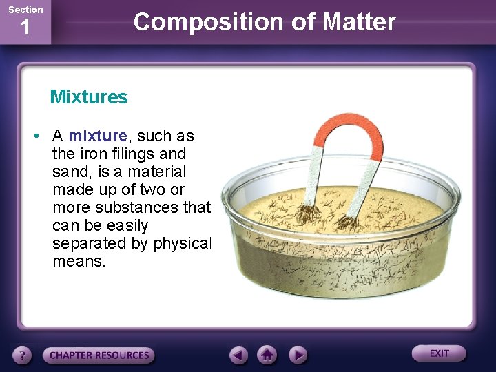 Section Composition of Matter 1 Mixtures • A mixture, such as the iron filings