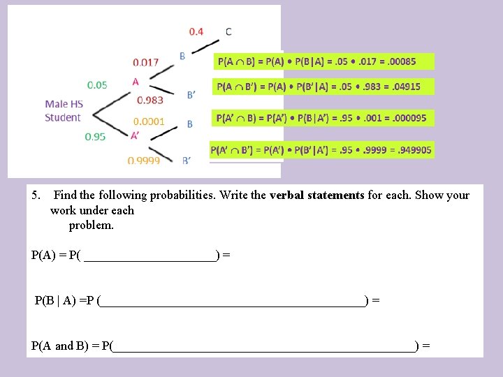 5. Find the following probabilities. Write the verbal statements for each. Show your work