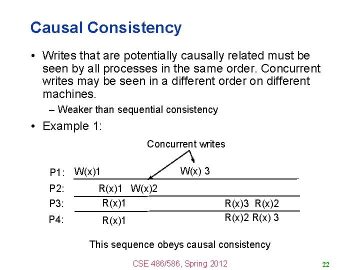 Causal Consistency • Writes that are potentially causally related must be seen by all