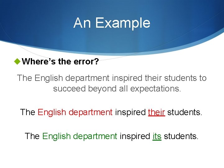 An Example u Where’s the error? The English department inspired their students to succeed