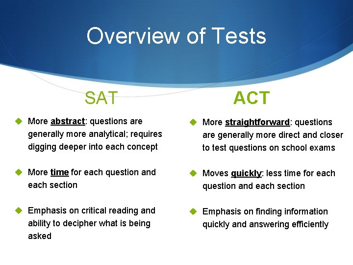 Overview of Tests SAT u More abstract: questions are generally more analytical; requires digging