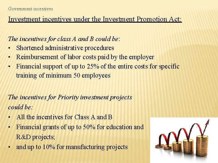 Government incentives Investment incentives under the Investment Promotion Act: The incentives for class A
