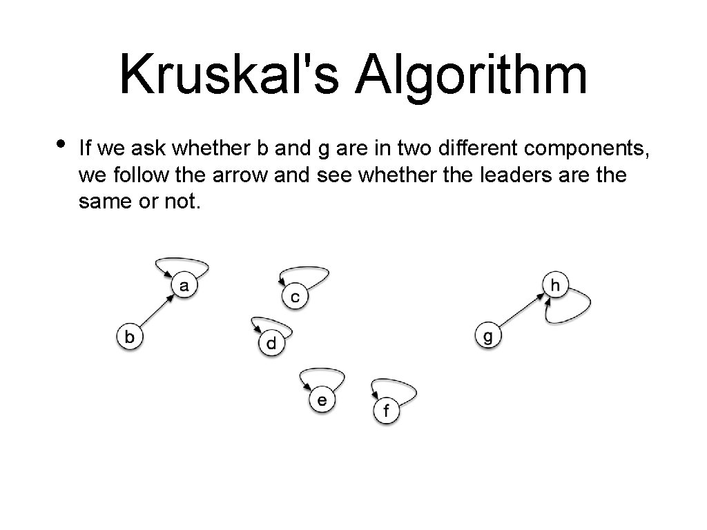 Kruskal's Algorithm • If we ask whether b and g are in two different