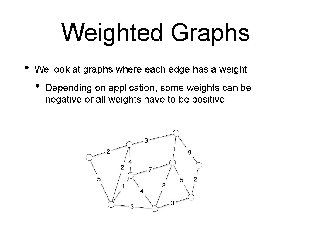 Weighted Graphs • We look at graphs where each edge has a weight •