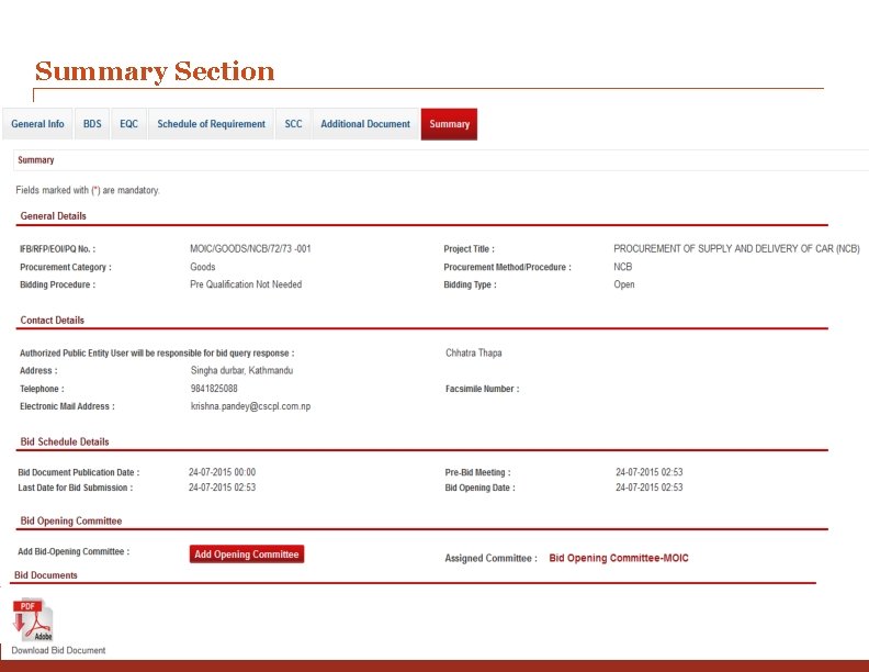 Summary Section e-GP Training: Bid document preparation. Goods NCB 18 