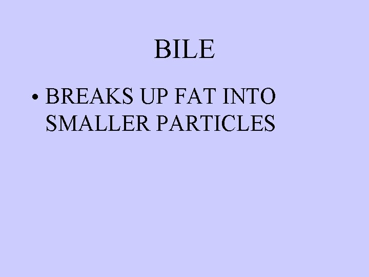 BILE • BREAKS UP FAT INTO SMALLER PARTICLES 