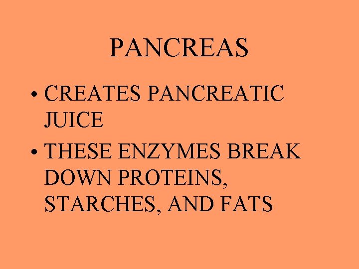 PANCREAS • CREATES PANCREATIC JUICE • THESE ENZYMES BREAK DOWN PROTEINS, STARCHES, AND FATS
