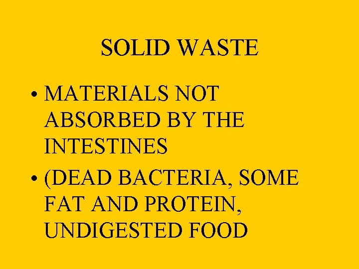 SOLID WASTE • MATERIALS NOT ABSORBED BY THE INTESTINES • (DEAD BACTERIA, SOME FAT