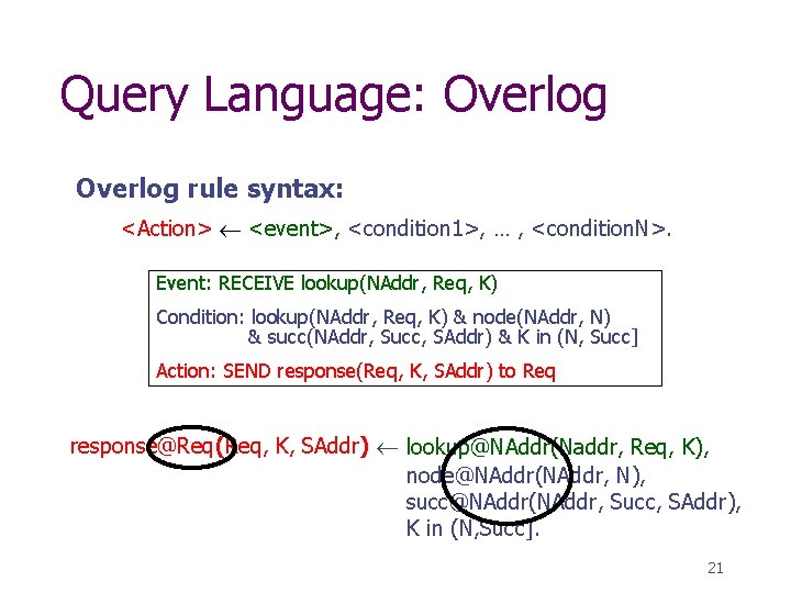 Query Language: Overlog rule syntax: <Action> <event>, <condition 1>, … , <condition. N>. Event: