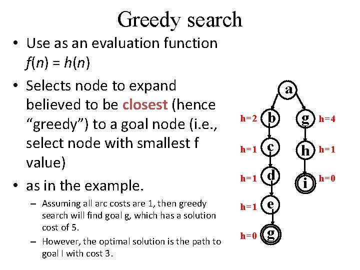 Greedy search • Use as an evaluation function f(n) = h(n) • Selects node