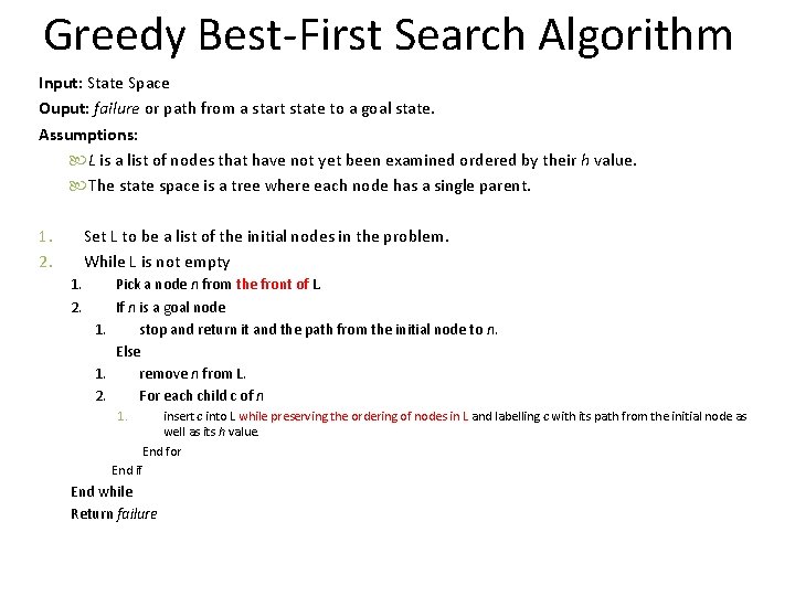 Greedy Best-First Search Algorithm Input: State Space Ouput: failure or path from a start