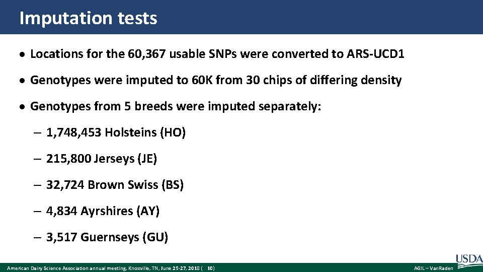 Imputation tests Locations for the 60, 367 usable SNPs were converted to ARS-UCD 1