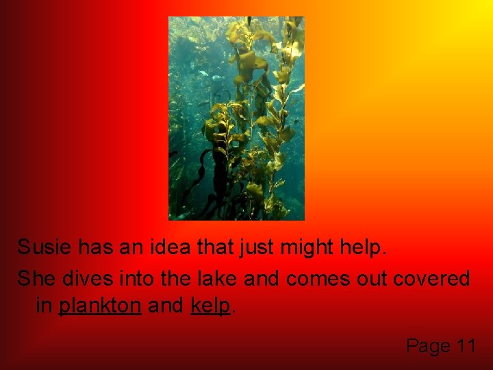 Susie has an idea that just might help. She dives into the lake and
