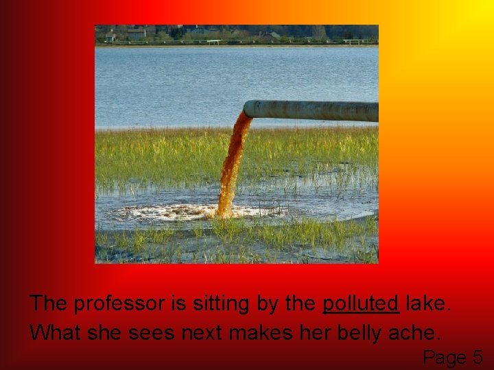 The professor is sitting by the polluted lake. What she sees next makes her