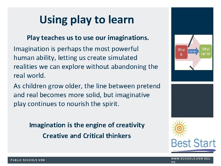 Using play to learn Play teaches us to use our imaginations. Imagination is perhaps