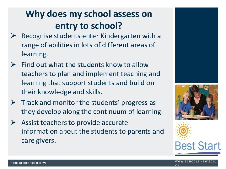Why does my school assess on entry to school? Ø Recognise students enter Kindergarten