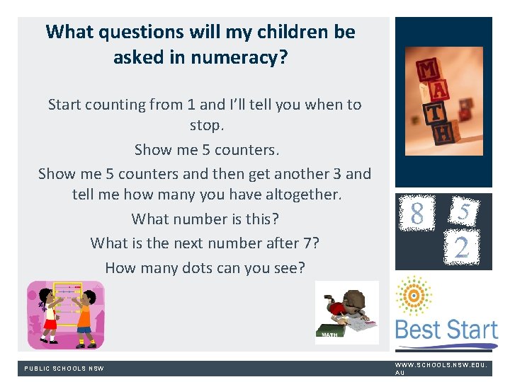 What questions will my children be asked in numeracy? Start counting from 1 and