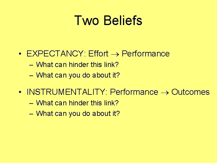 Two Beliefs • EXPECTANCY: Effort Performance – What can hinder this link? – What