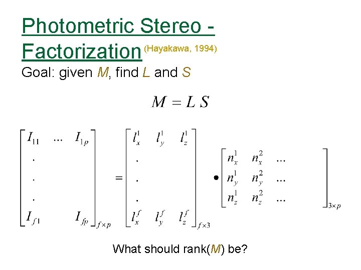 Photometric Stereo (Hayakawa, 1994) Factorization Goal: given M, find L and S What should