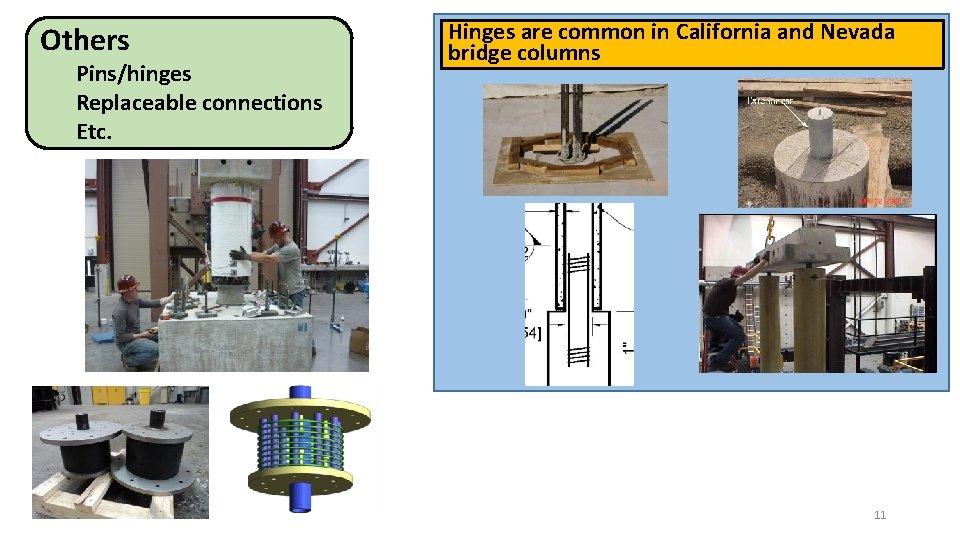 Others Pins/hinges Replaceable connections Etc. Hinges are common in California and Nevada bridge columns