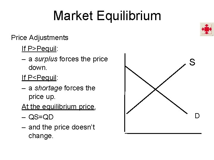 Market Equilibrium Price Adjustments If P>Pequil: – a surplus forces the price down. If