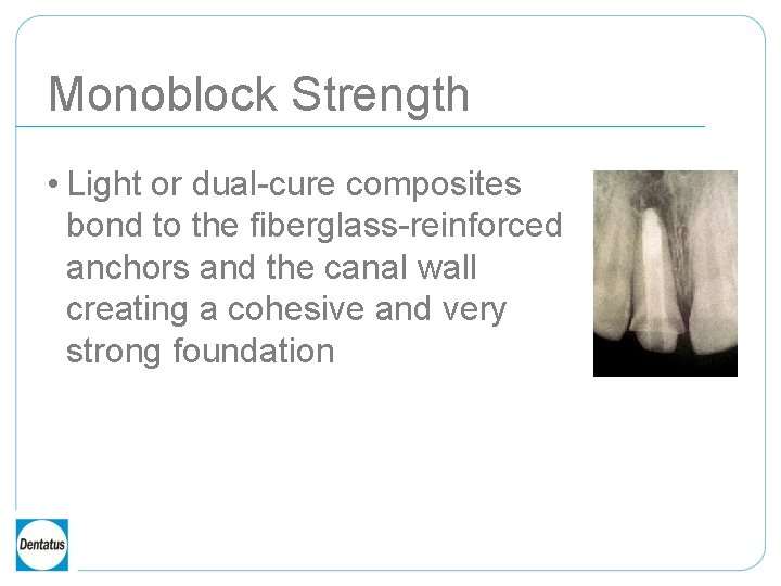 Monoblock Strength • Light or dual-cure composites bond to the fiberglass-reinforced anchors and the