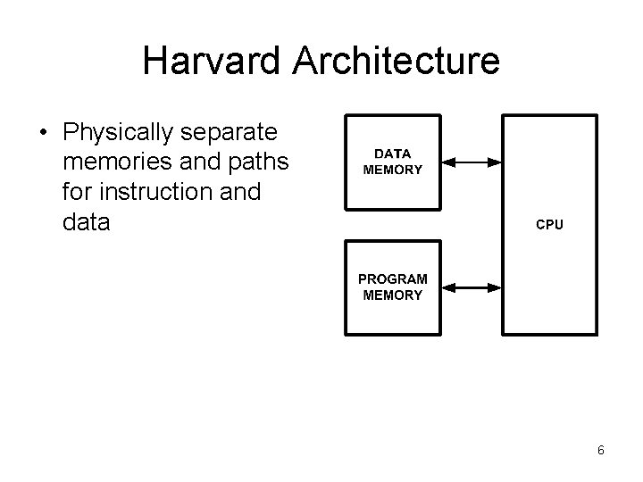 Harvard Architecture • Physically separate memories and paths for instruction and data 6 
