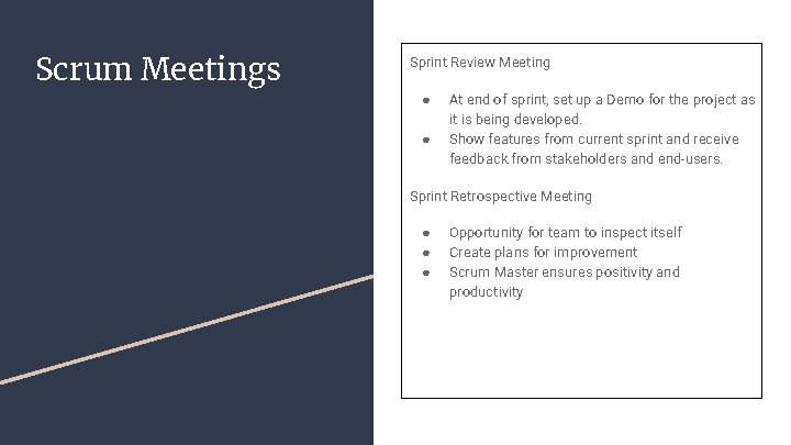 Scrum Meetings Sprint Review Meeting ● ● At end of sprint, set up a