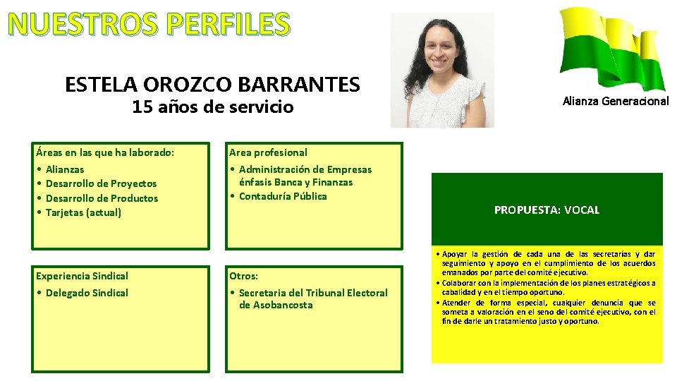 NUESTROS PERFILES ESTELA OROZCO BARRANTES 15 años de servicio Áreas en las que ha