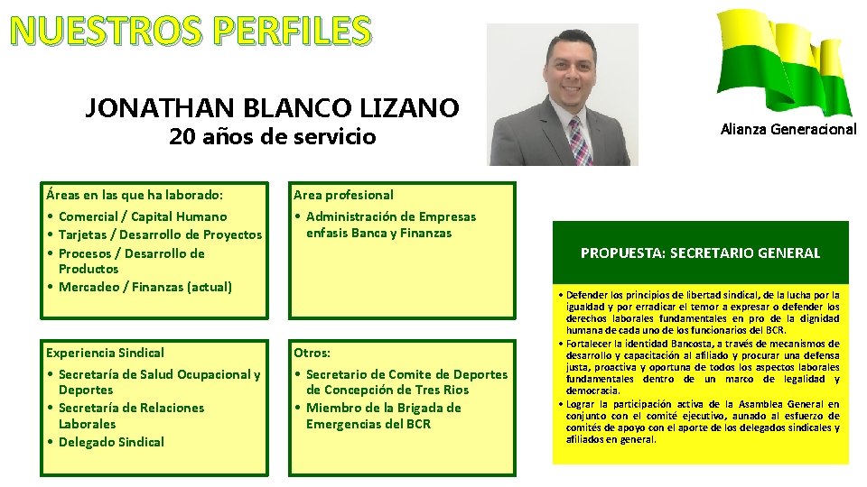 NUESTROS PERFILES JONATHAN BLANCO LIZANO 20 años de servicio Áreas en las que ha