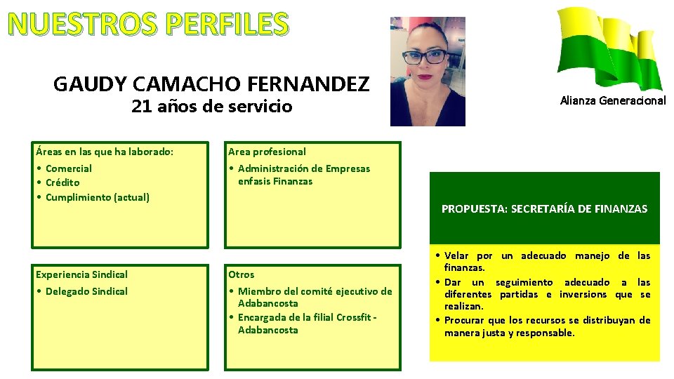 NUESTROS PERFILES GAUDY CAMACHO FERNANDEZ 21 años de servicio Áreas en las que ha