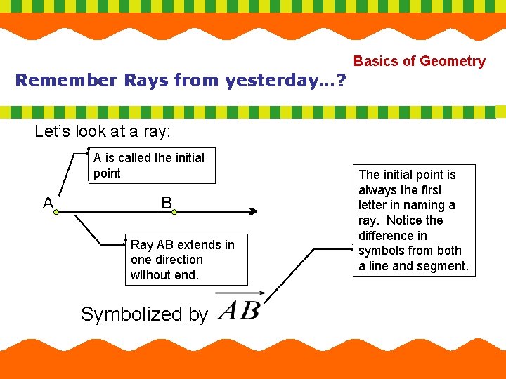 Basics of Geometry Remember Rays from yesterday…? Let’s look at a ray: A is