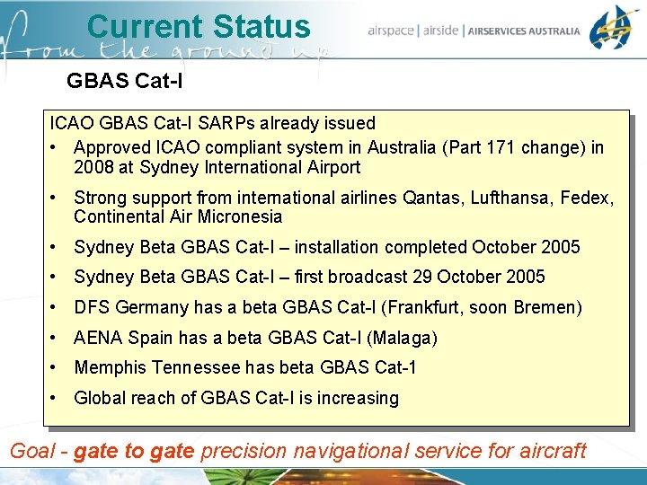Current Status GBAS Cat-I ICAO GBAS Cat-I SARPs already issued • Approved ICAO compliant