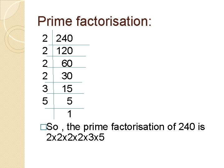 Prime factorisation: 2 240 2 120 2 60 2 30 3 15 5 5