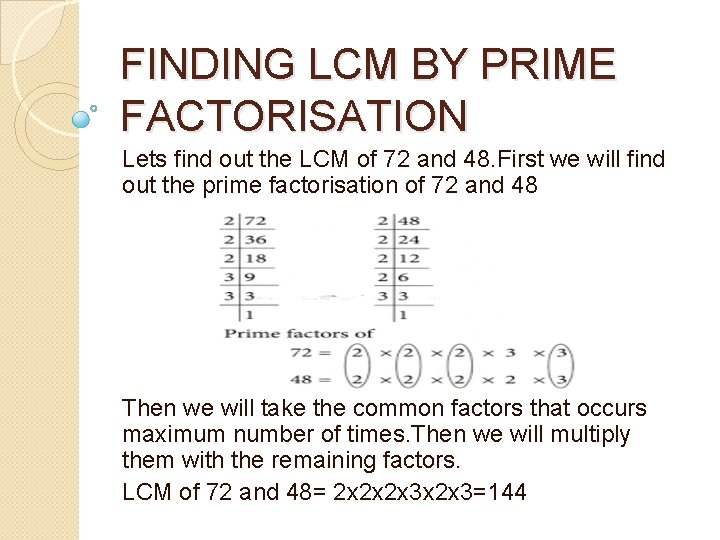 FINDING LCM BY PRIME FACTORISATION Lets find out the LCM of 72 and 48.