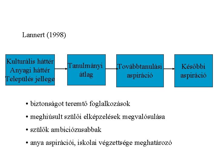 Lannert (1998) Kulturális háttér Anyagi háttér Település jellege Tanulmányi átlag Továbbtanulási aspiráció • biztonságot