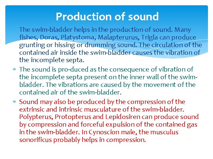 Production of sound The swim bladder helps in the production of sound. Many fishes,