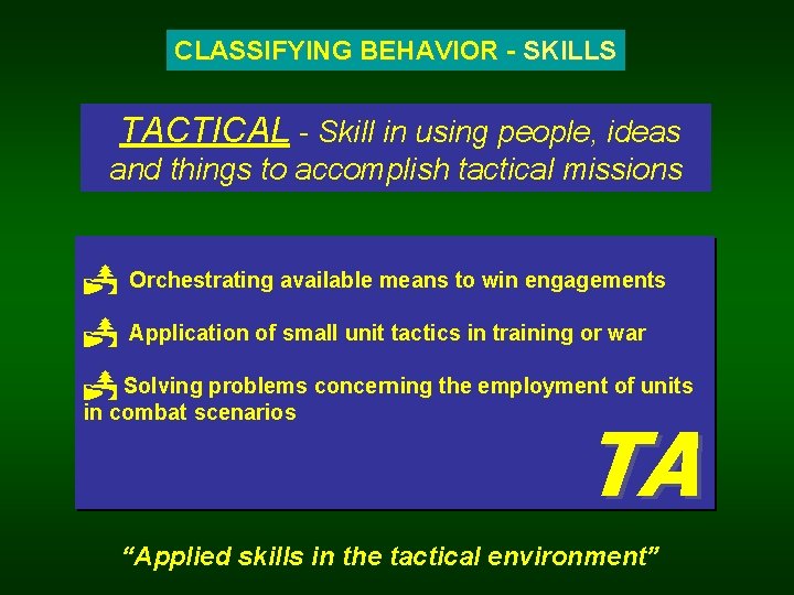 CLASSIFYING BEHAVIOR - SKILLS TACTICAL - Skill in using people, ideas and things to