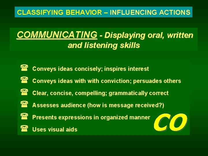 CLASSIFYING BEHAVIOR – INFLUENCING ACTIONS COMMUNICATING - Displaying oral, written and listening skills (