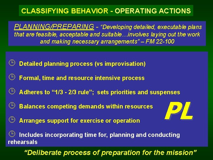 CLASSIFYING BEHAVIOR - OPERATING ACTIONS PLANNING/PREPARING - “Developing detailed, executable plans that are feasible,