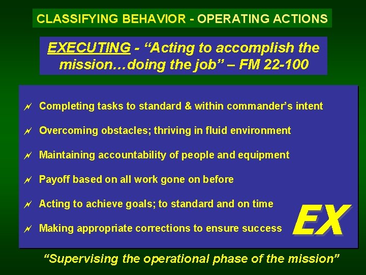 CLASSIFYING BEHAVIOR - OPERATING ACTIONS EXECUTING - “Acting to accomplish the mission…doing the job”