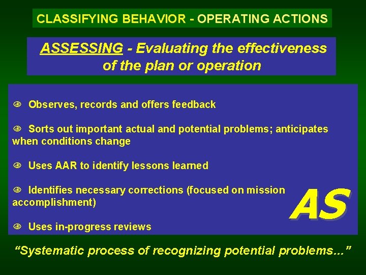 CLASSIFYING BEHAVIOR - OPERATING ACTIONS ASSESSING - Evaluating the effectiveness of the plan or
