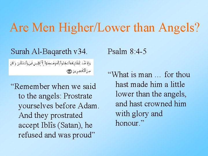 Are Men Higher/Lower than Angels? Surah Al-Baqareth v 34. “Remember when we said to