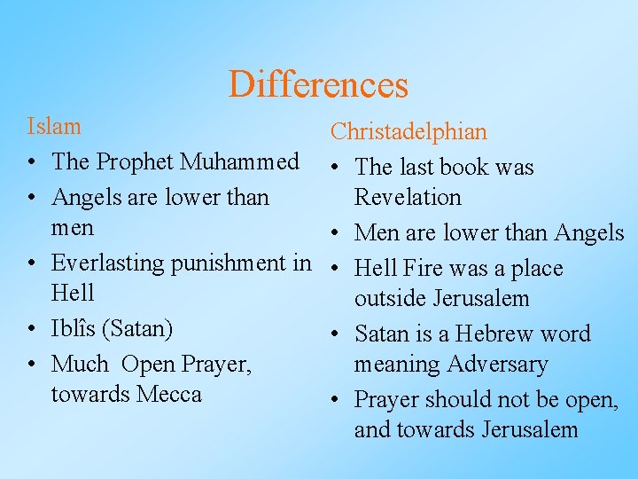 Differences Islam • The Prophet Muhammed • Angels are lower than men • Everlasting