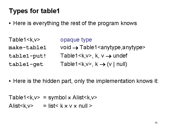 Types for table 1 • Here is everything the rest of the program knows