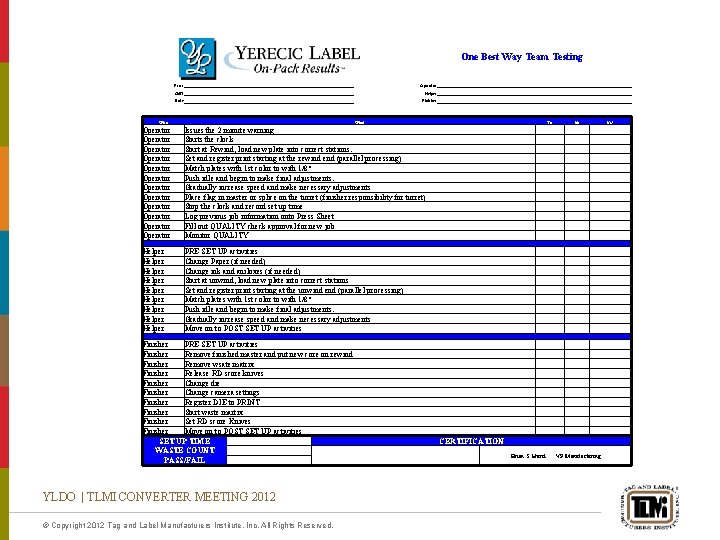 One Best Way Team Testing Press: Operator: Shift: Helper: Date: Finisher: Who What Operator
