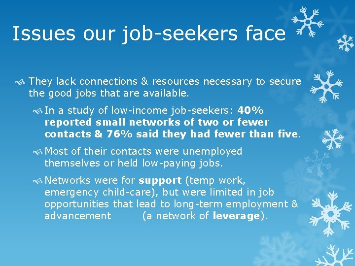 Issues our job-seekers face They lack connections & resources necessary to secure the good