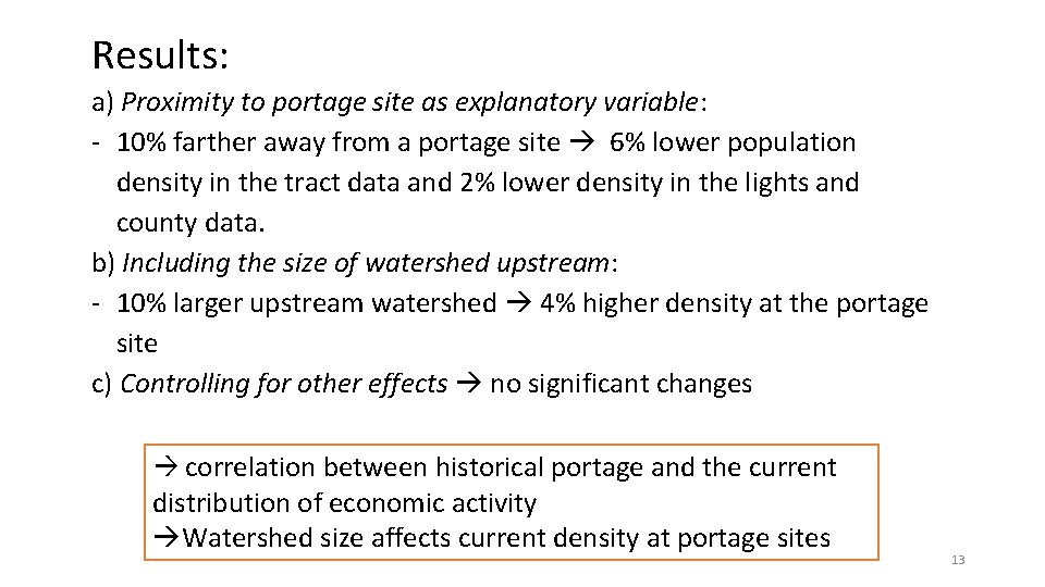 Results: a) Proximity to portage site as explanatory variable: - 10% farther away from