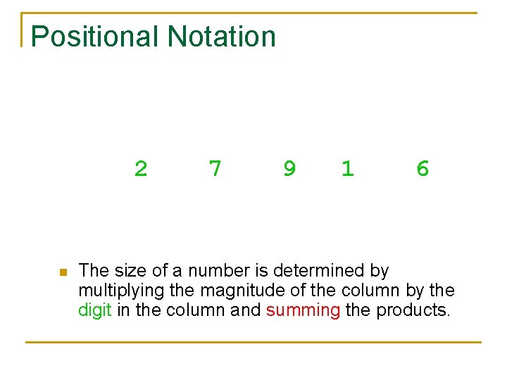 Positional Notation 104 103 102 101 10000 100 10 2 7 9 1 20000+7000